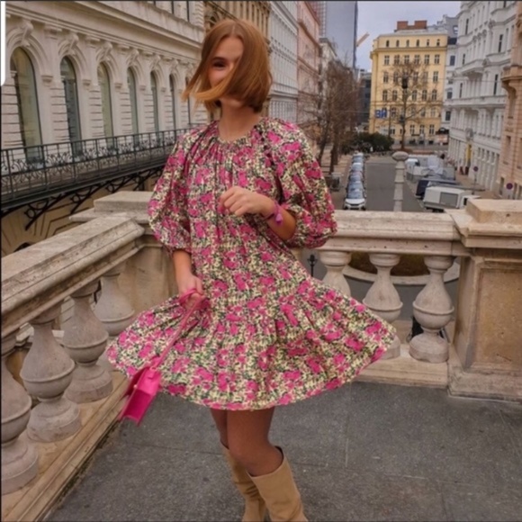 Zara Puff Shoulder Cotton Print Dress NWT - Picture 4 of 16